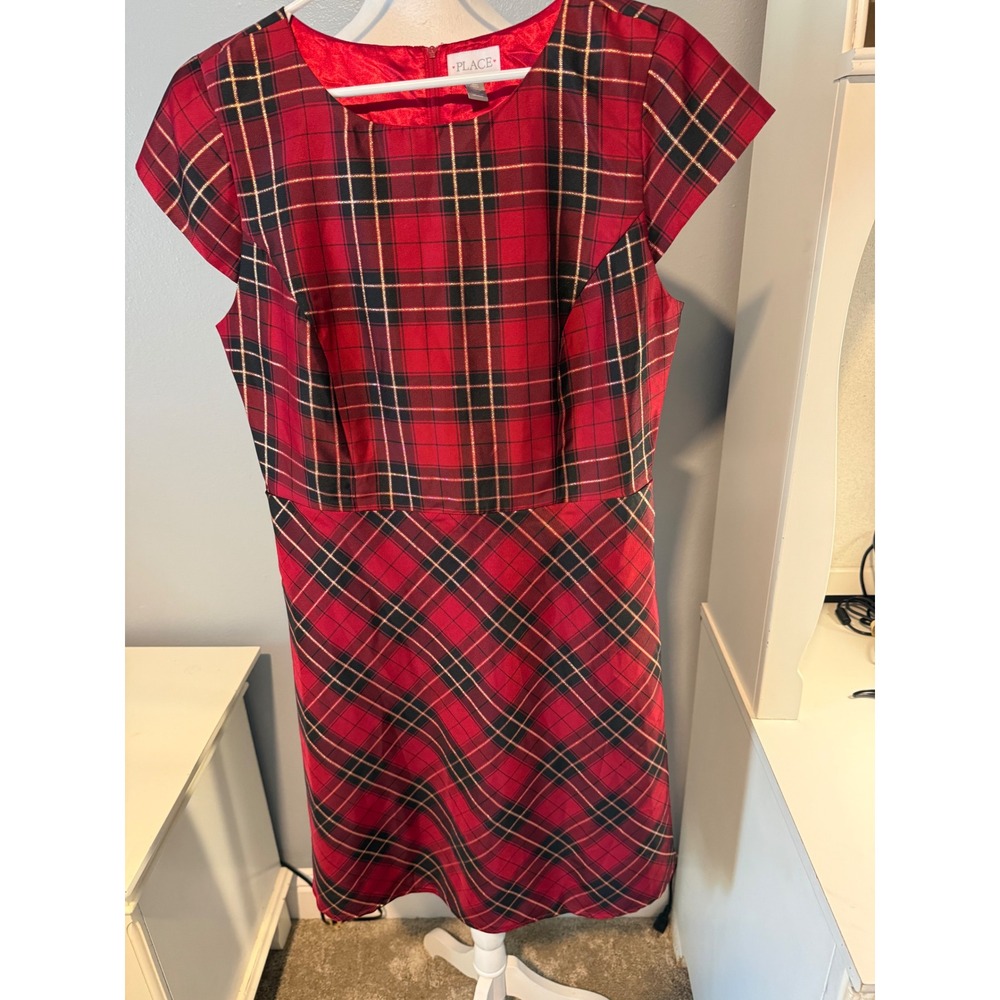 Place Adult Red Black Gold Plaid Holiday Fit Flare Dress Size 12